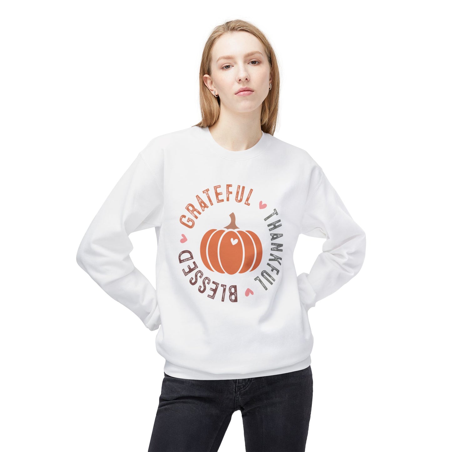 Grateful Thankful Blessed Pumpkin - Unisex Midweight Softstyle Fleece Crewneck Sweatshirt