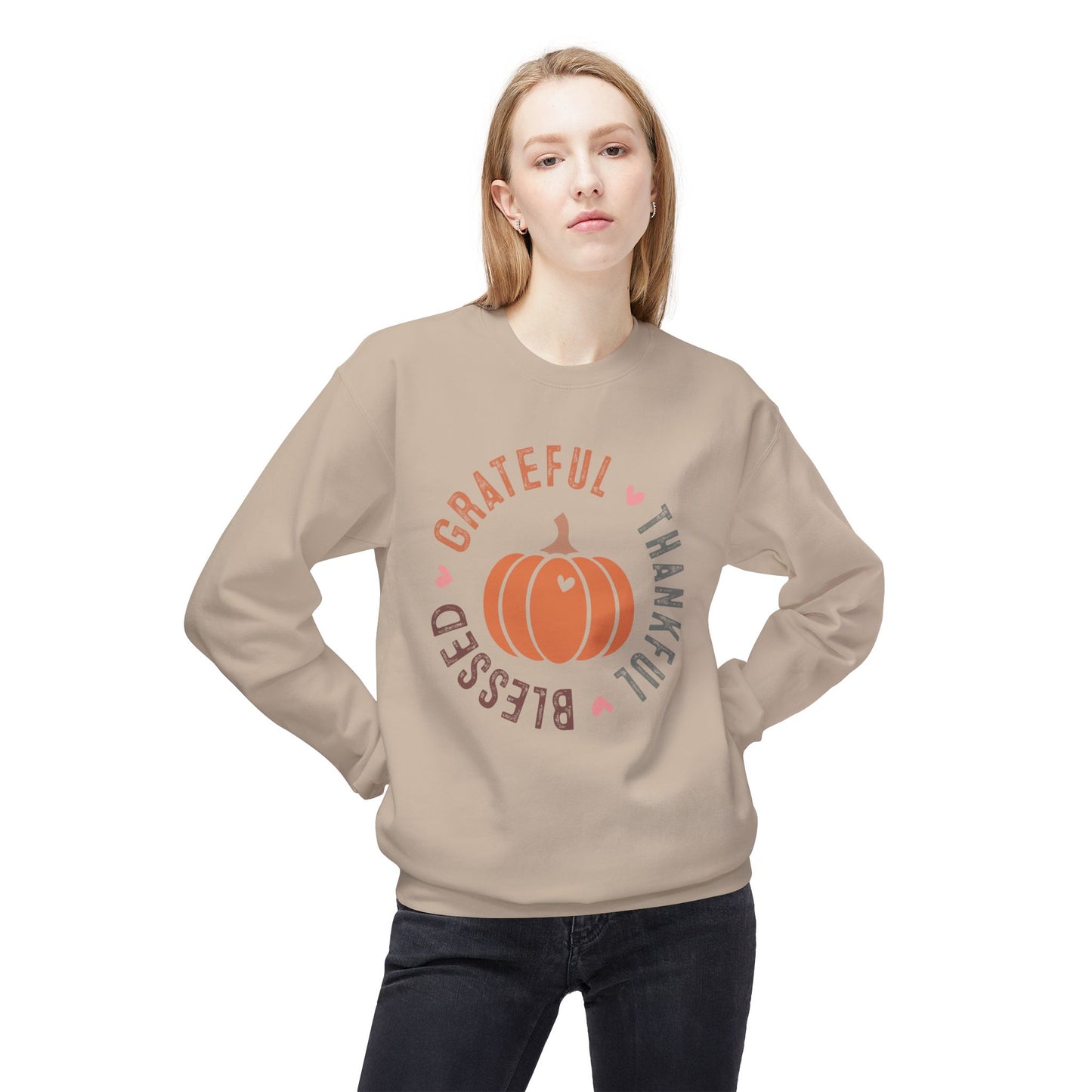 Grateful Thankful Blessed Pumpkin - Unisex Midweight Softstyle Fleece Crewneck Sweatshirt