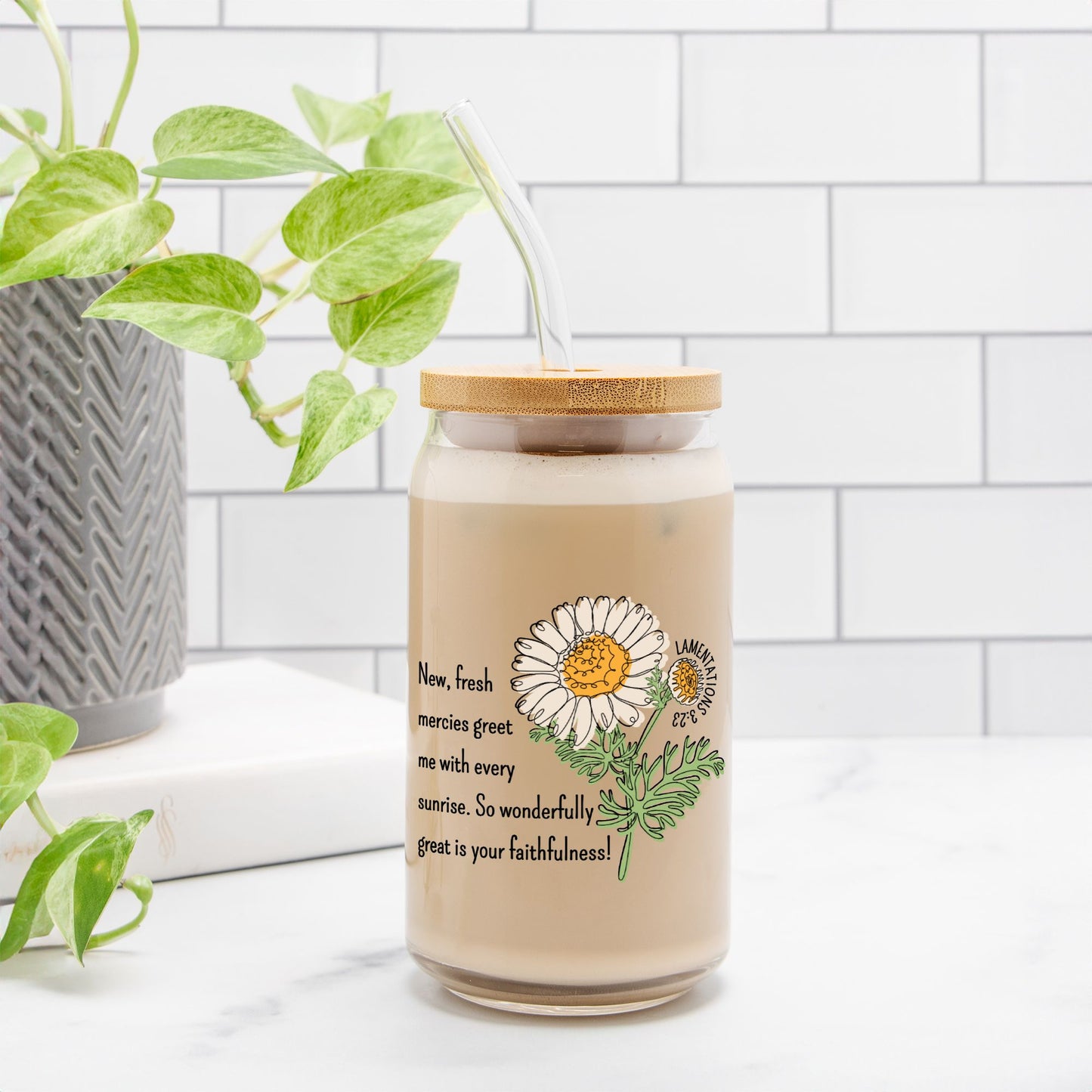 New Fresh Mercies Lamentations 3:23 - Glass Iced Coffee Cup 16oz with Scripture