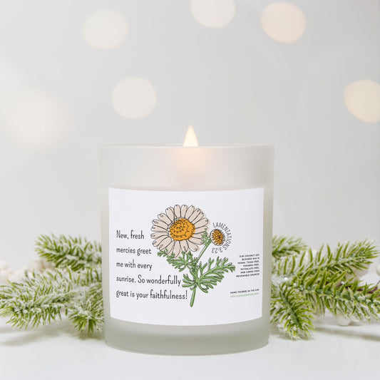 New Fresh Mercies Lamentations 3:23 - Candle Frosted Glass (Hand Poured 11 oz)